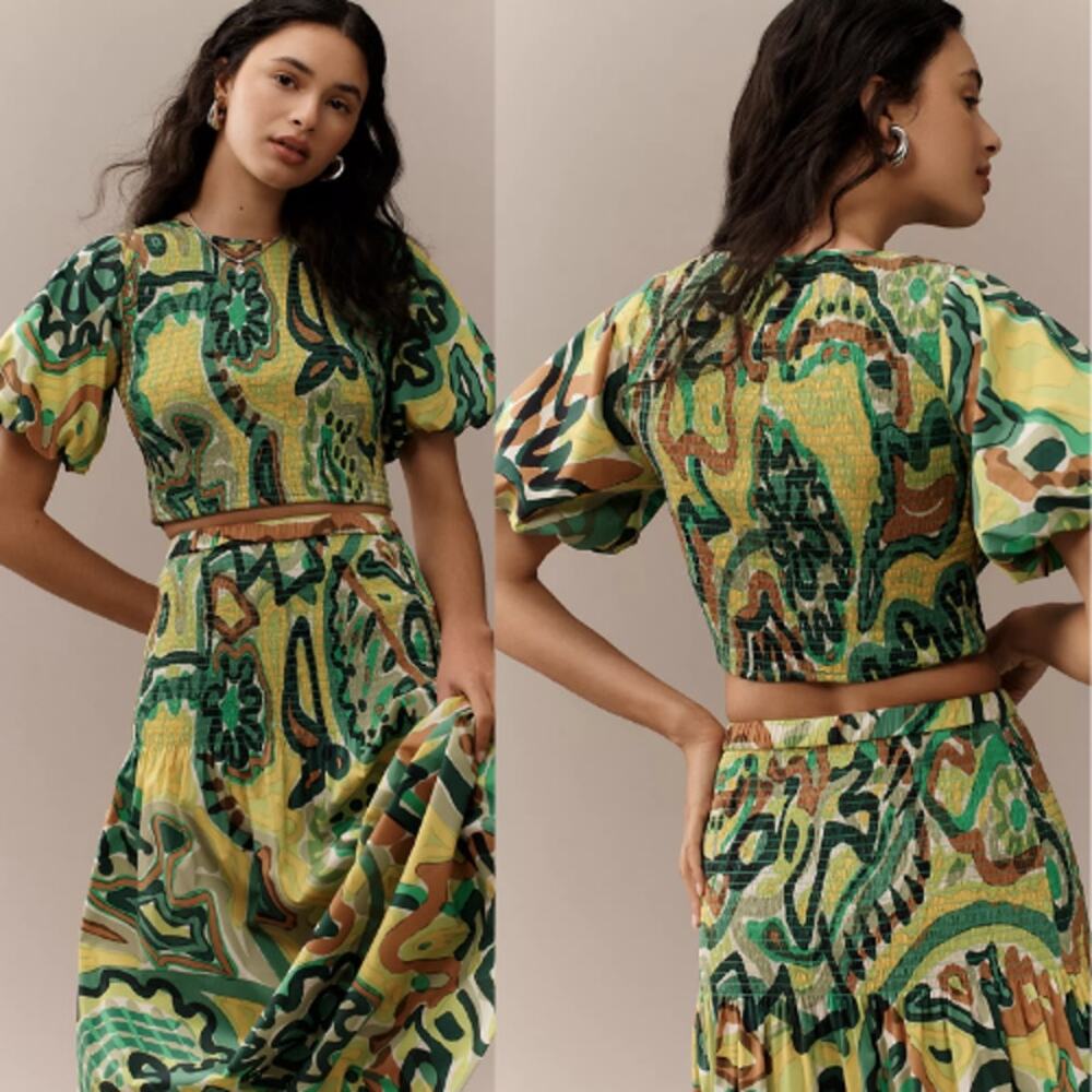 NWT Simon Miller Vida Puff Short Sleeve Poplin Crop Top Abstract Green Size: M